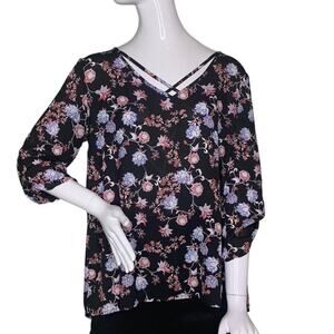 Hippie Rose Top Floral Print Black Red and Lilac Size L